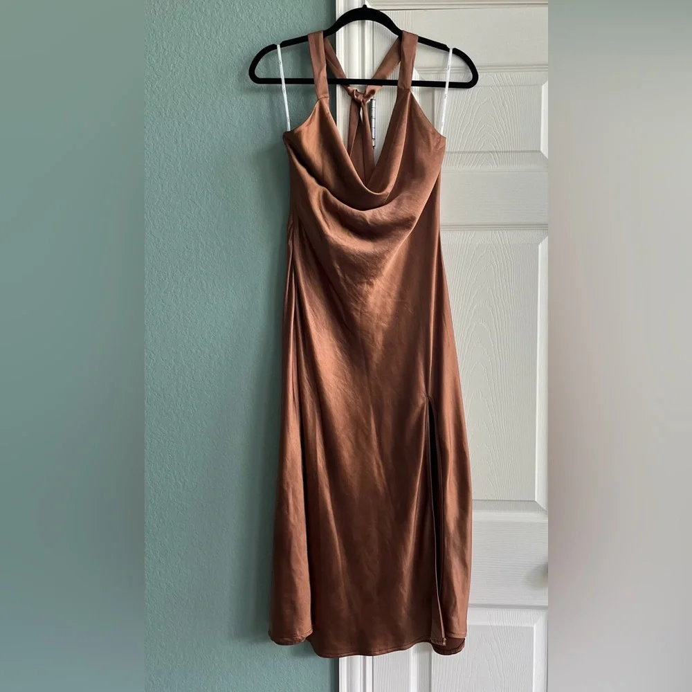 Lulus Sophisticated Impression Brown Satin Backless Cowl Midi Dress - Picture 2 of 7